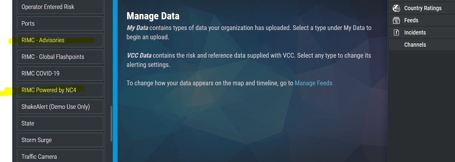Shows both feeds - RIMC - Advisories - and - RIMC Powered by NC4