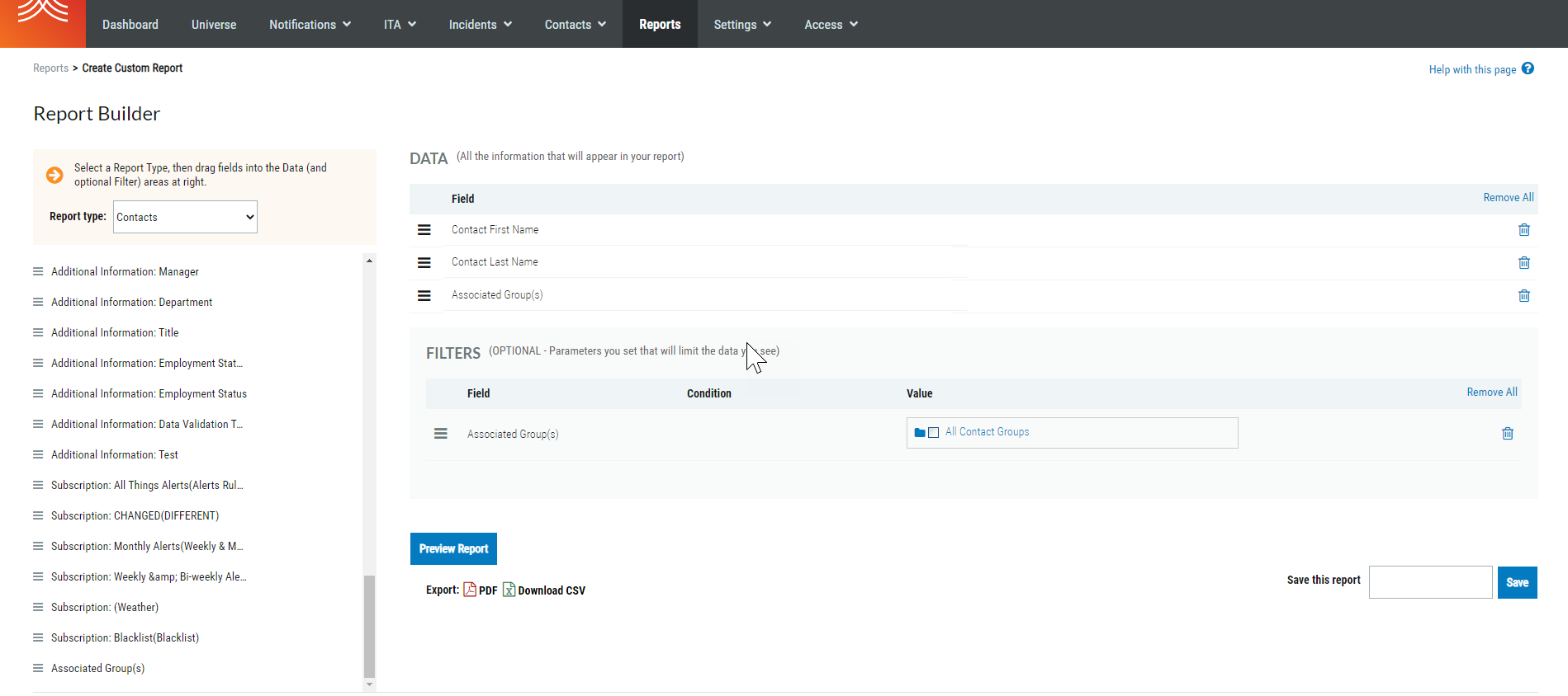 Report Details for Contacts Without Groups
