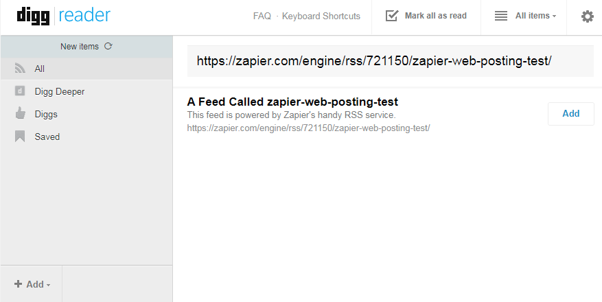 Adding the Feed to Digg Reader
