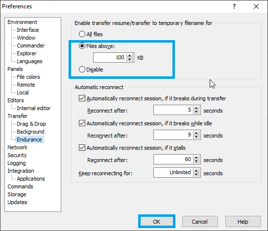 Transfer/Endurance setting