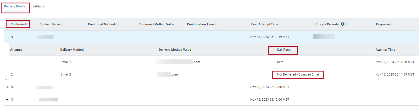 screenshot of delivery details call result