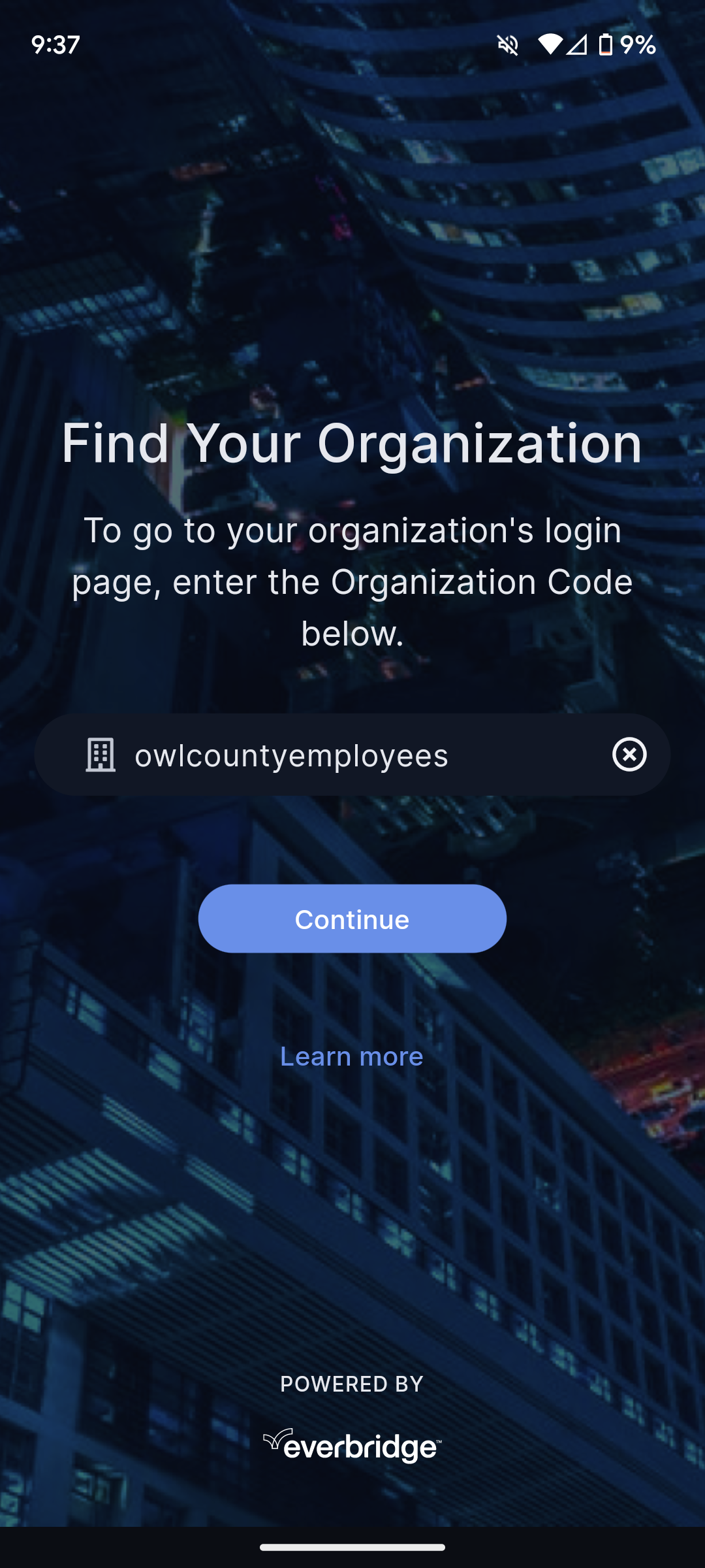 mobile app page to search for an organization