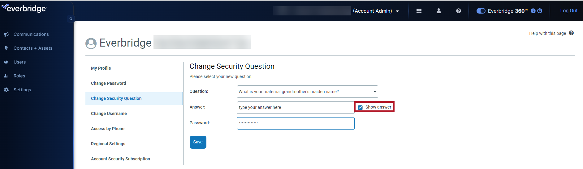 answer and password fields of change security question form 