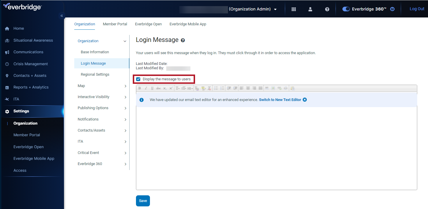 EBS How to Modify the Login Message for the Everbridge Suite Manager