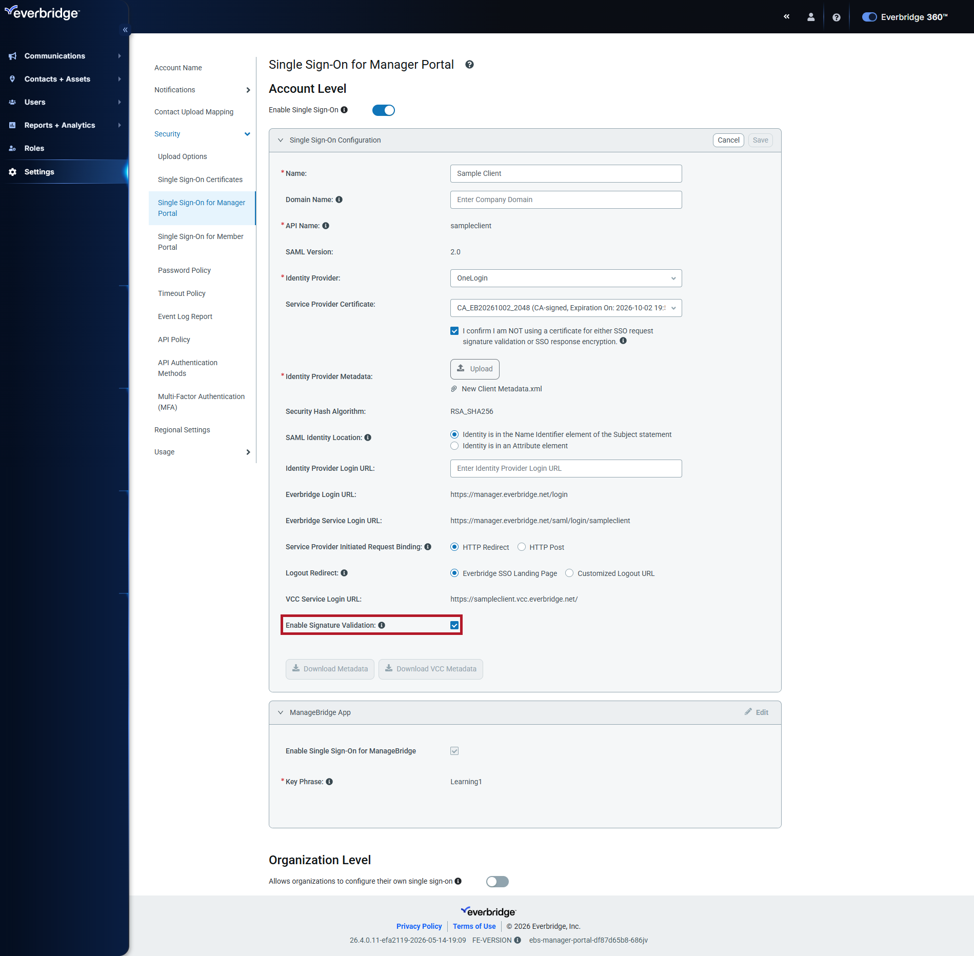 Manager Portal SSO settings showing Enable Signature Validation option