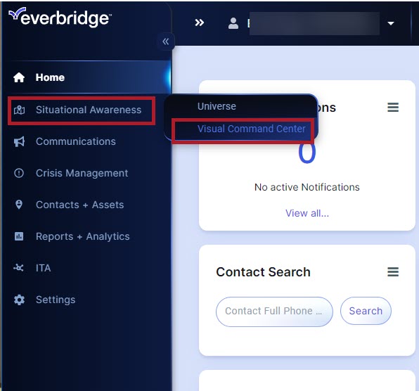 Accessing Visual Command Center from the Situational Awareness menu in Everbridge 360